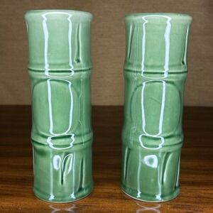 A pair of vintage green ceramic bamboo-style tiki cocktail glasses by Libbey